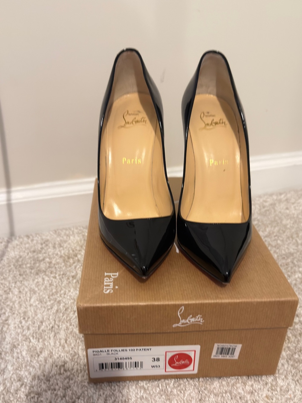 Authentic Christian Louboutin Pigalle Follies Black Patent Pointed-Toe Pumps